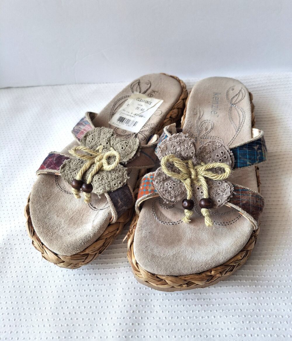 Kenzie Womens Size 7 Boho Woven Platform Slide Sandals Floral Plaid Y2K